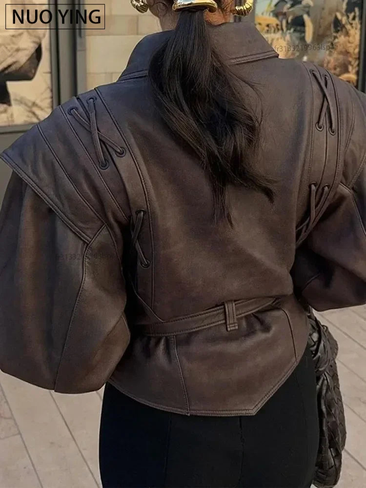 Veste Cuir Femme Courte - Style Motard avec Ceinture